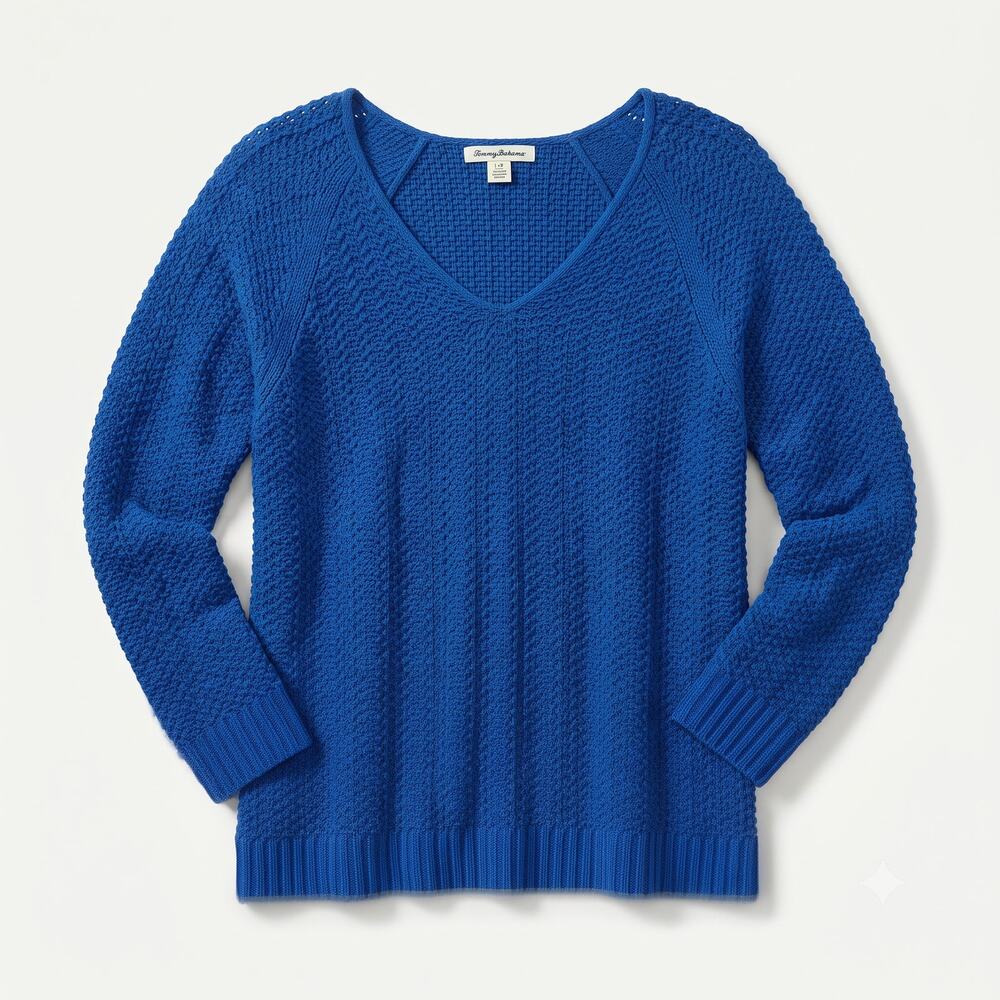 Tommy Bahama‎ Womens L Coastal Preppy Minimalist V-Neck Textured Knit Sweater